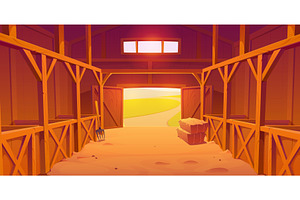 Wooden farm stable barn interior, an Animal Illustration by Vector Tradition