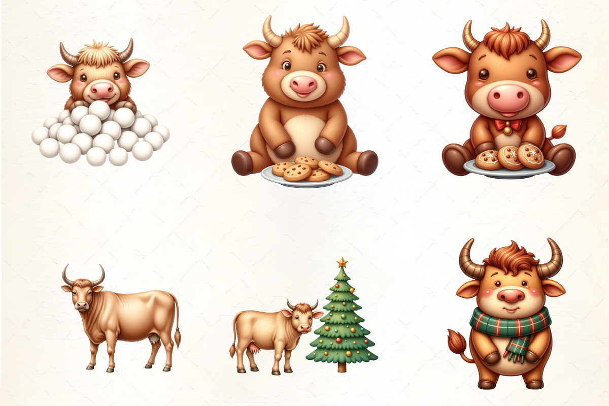 Cute Christmas Highland Cow Clipart, an Illustration by CrexoraLab (Photo 2 of 5)