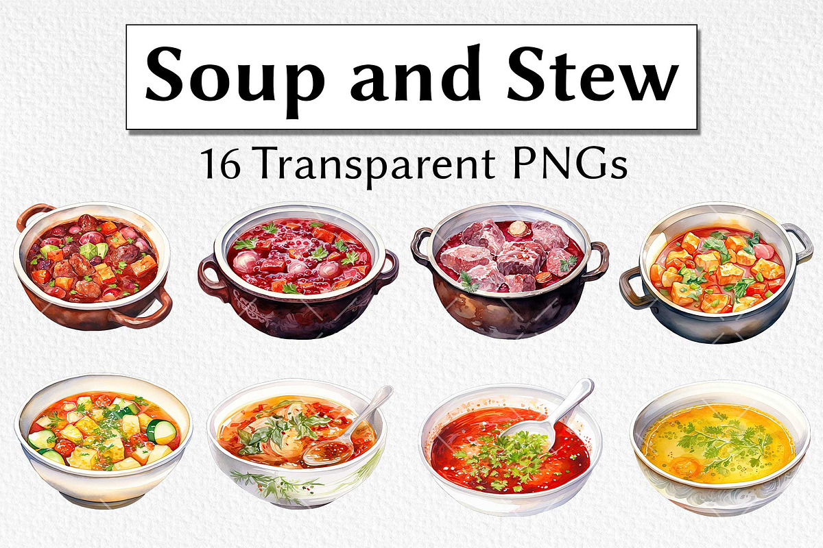 Soup and Stew Watercolor Clipart, a Food Illustration by milkghost (Photo 1 of 2)