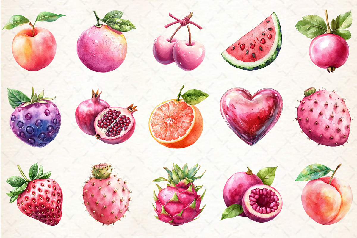 Watercolor Pink Fruit Clipart, an Illustration by Rose Art (Photo 2 of 4)