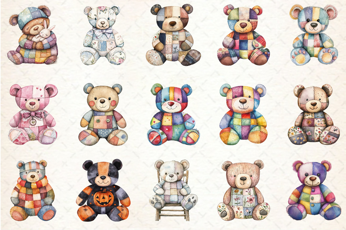 Patchwork Teddy Bear Sublimation Cli, a Seasonal Illustration by Rose Art (Photo 4 of 4)