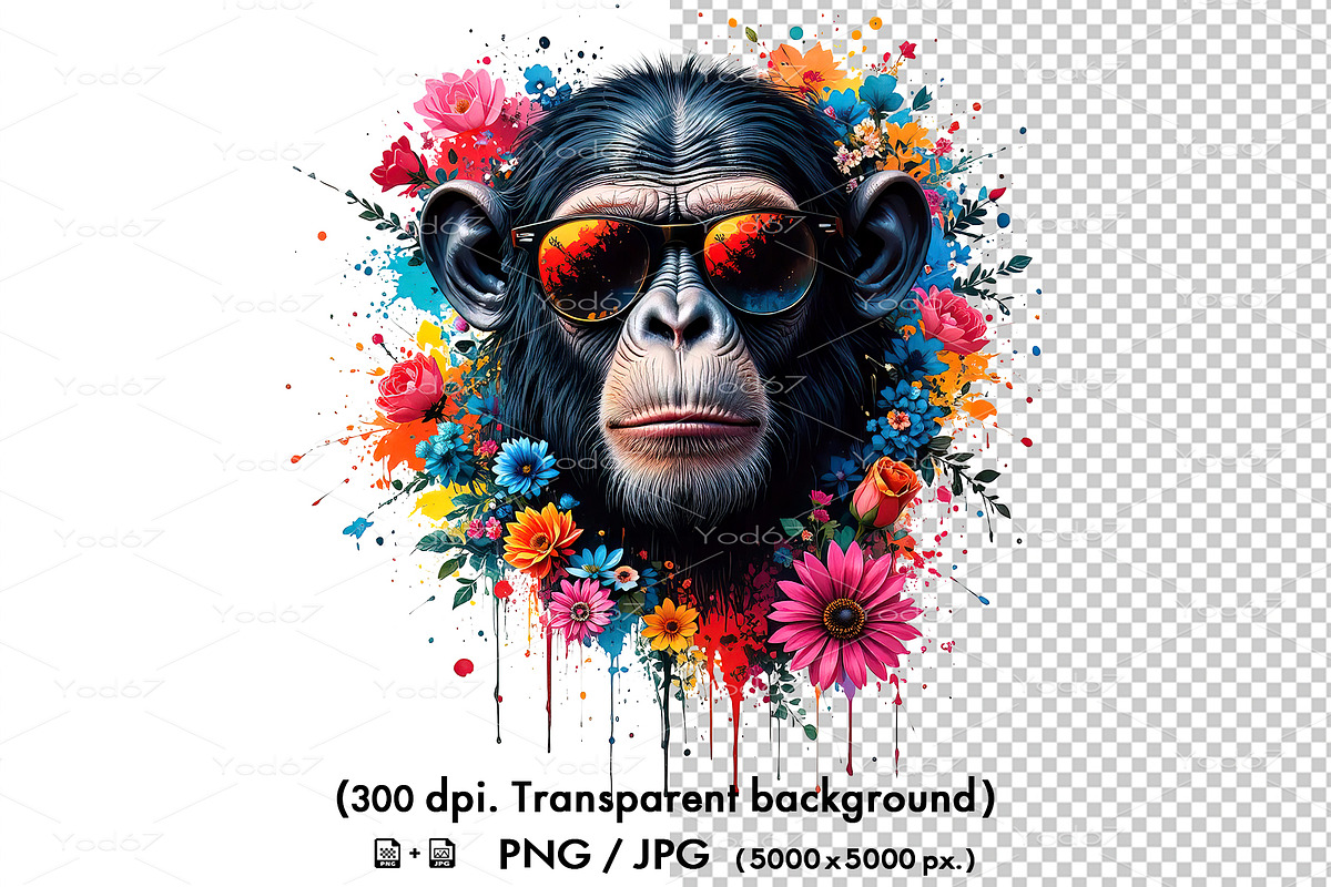 Monkey wear sunglasses and flowers, an Animal Illustration by yod67