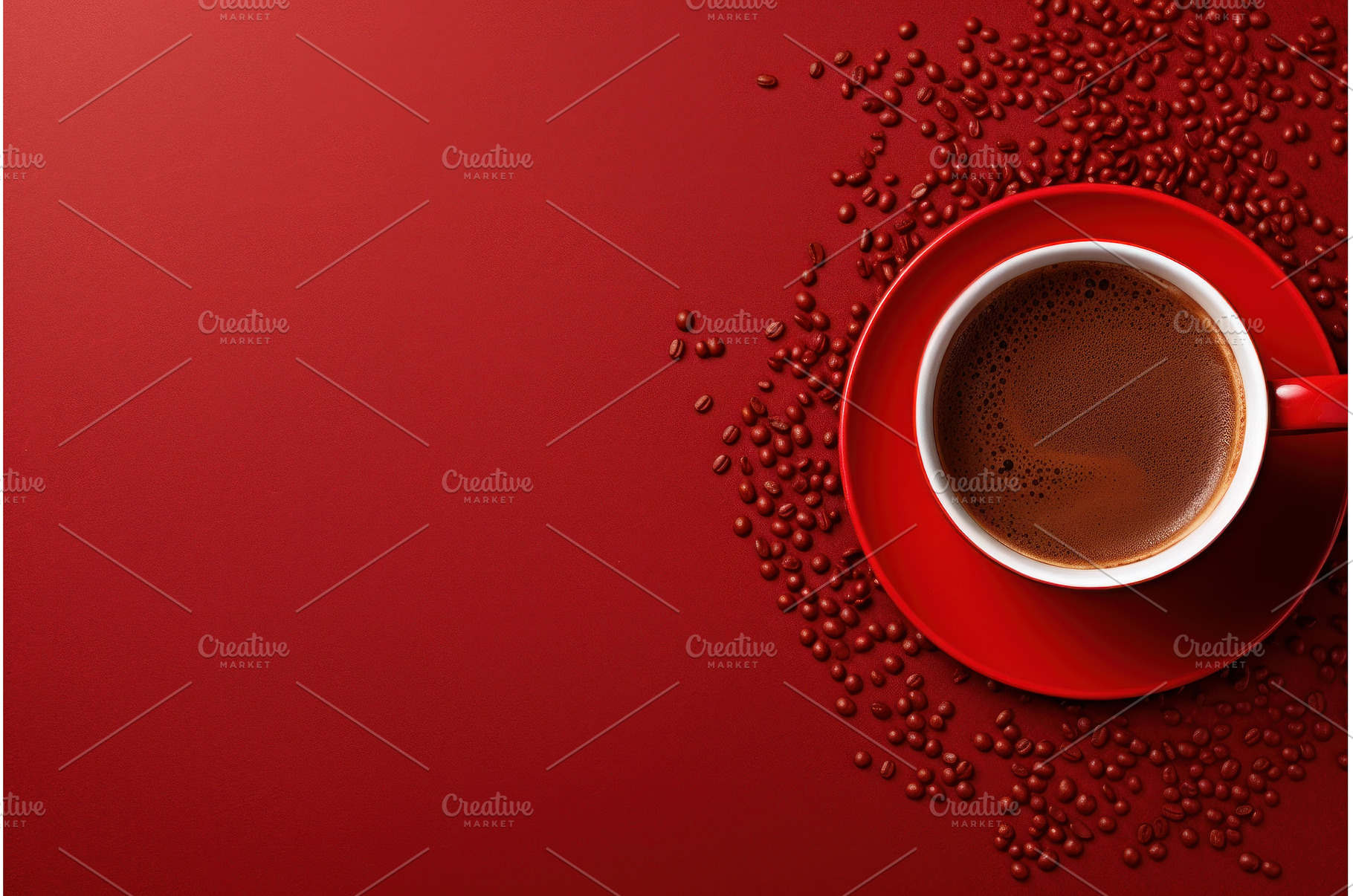 Red coffee cup and coffee beans on, a Food & Drink Photo by Ylivdesign