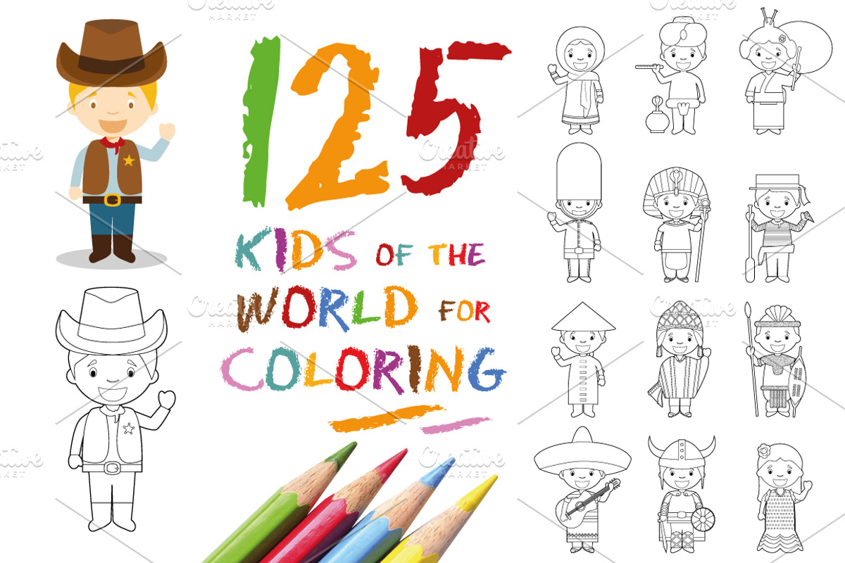 125x Kids of the World for Coloring, an Education Illustration by asantosg (Photo 1 of 23)