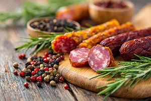 Wooden board presentation of assorted cured meats and spices with fresh herbs, a Food & Drink Photo by AlyaAnd