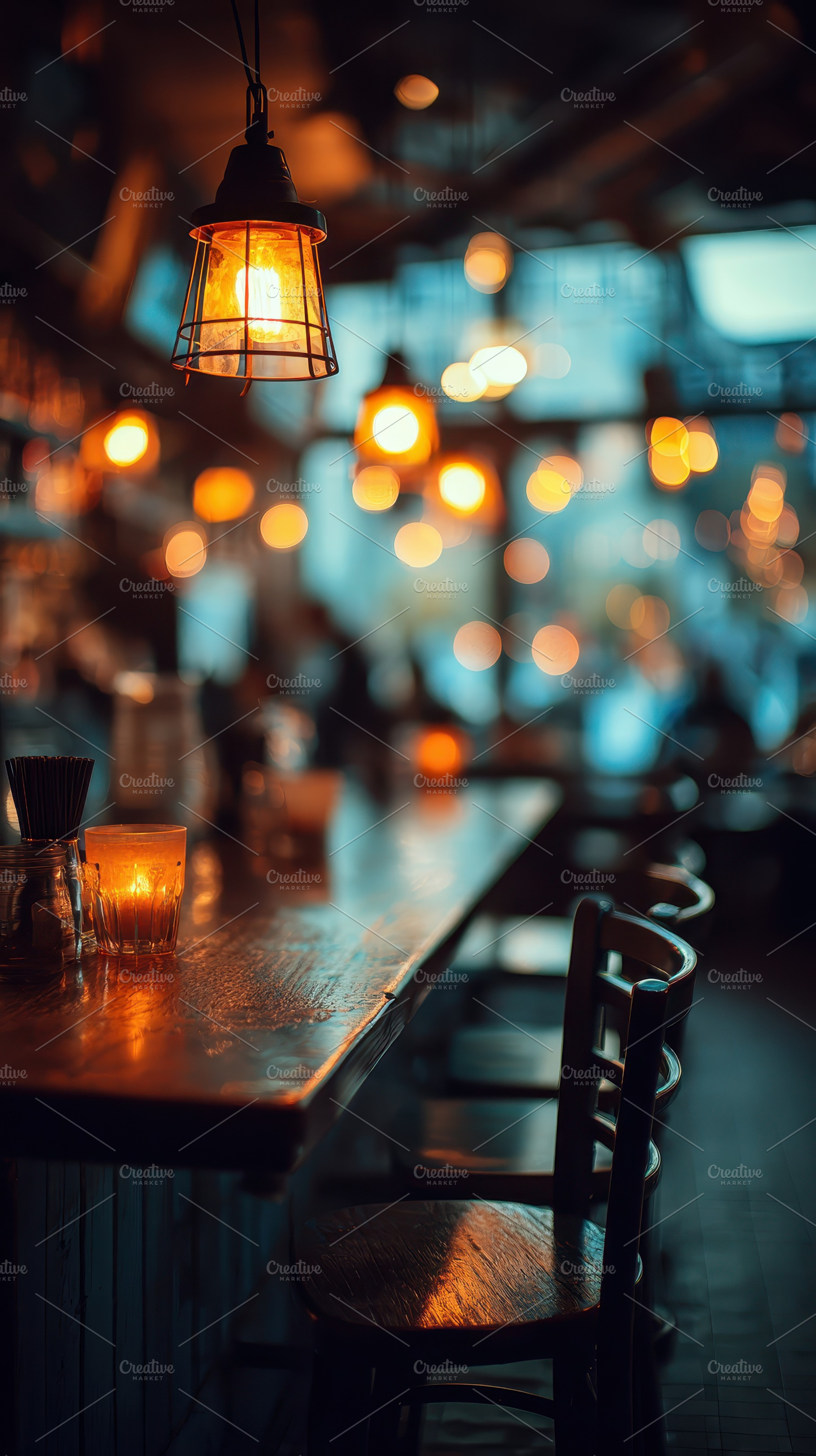 Cozy bar setting warm lighting candl, a Photo by Pixeness Studio