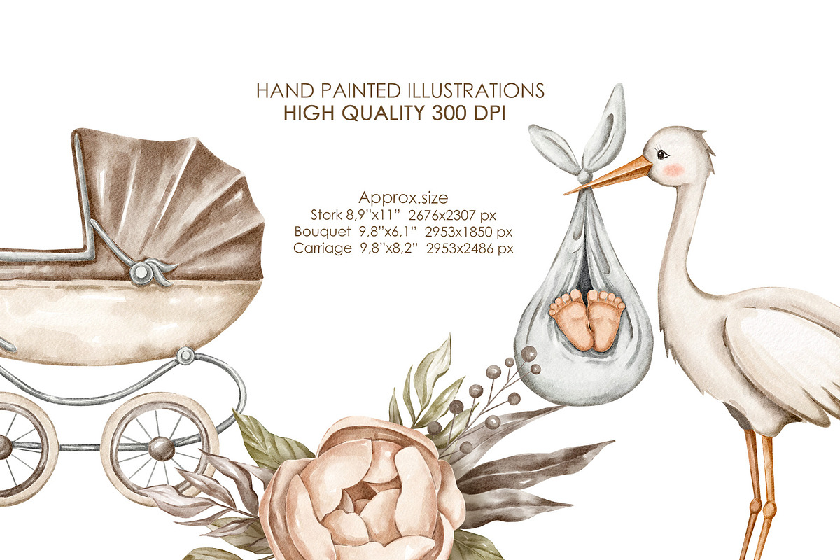 Watercolor stork baby shower clipart, an Illustration by AquarelleSpace (Photo 4 of 4)