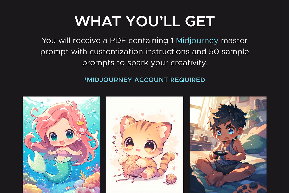 50 Kawaii Chibi Midjourney Prompts, an Object Graphic by MadeByAI Studio (Photo 2 of 5)
