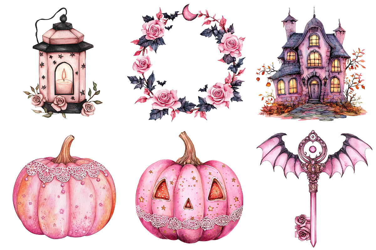 Watercolor Pink Halloween Clipart, a Seasonal Illustration by CitraGraphics (Photo 4 of 7)