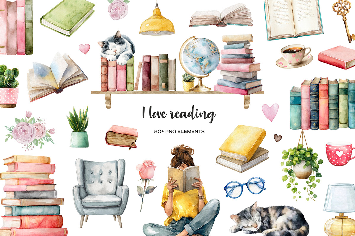 Watercolor book lover clipart, an Education Illustration by Art and Funny (Photo 1 of 12)