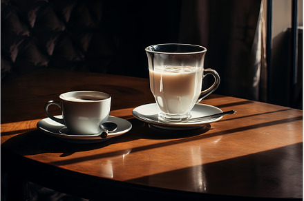 Serene morning coffee and latte on, a Food & Drink Photo by Ylivdesign