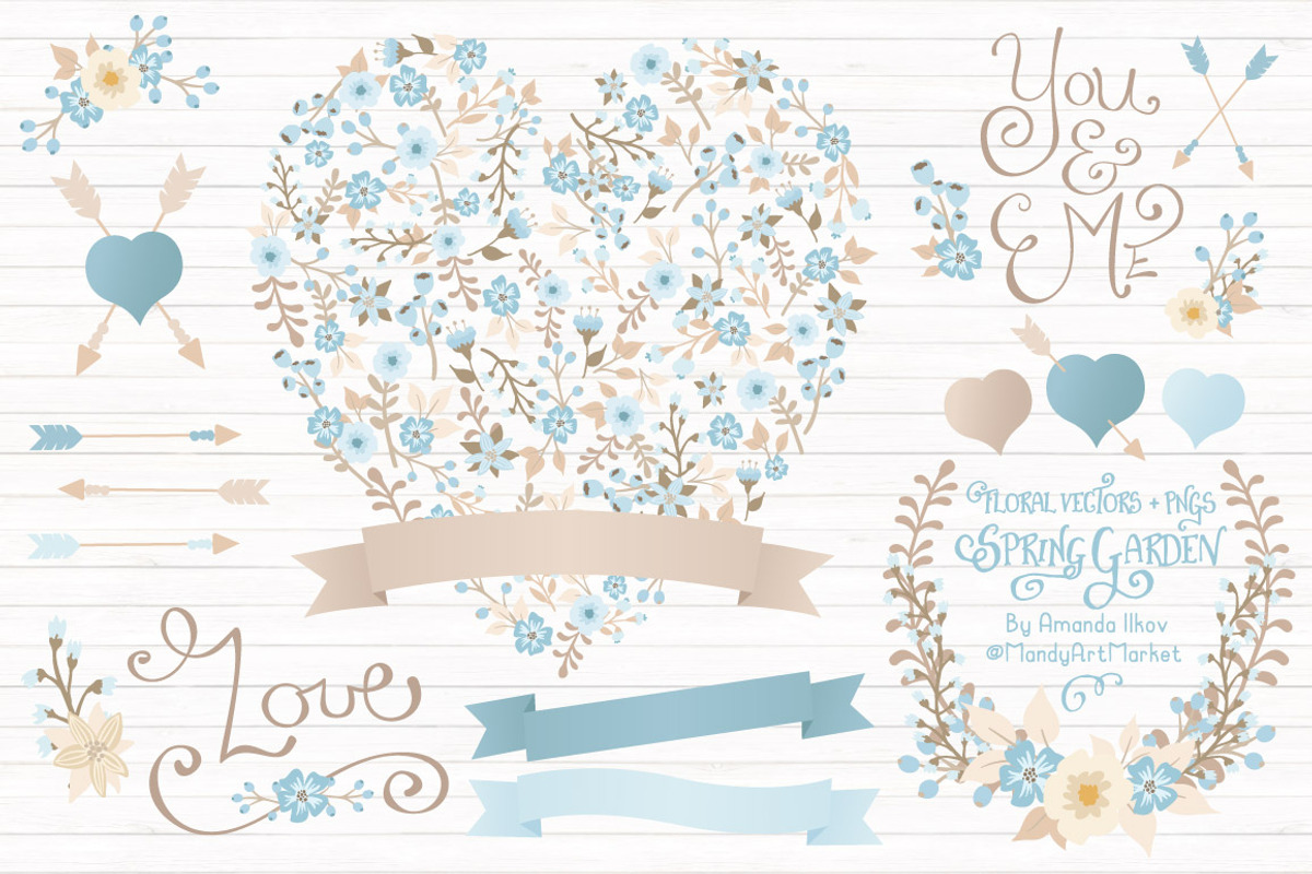 Soft Blue Floral Heart & Banners, an Illustration by Amanda Ilkov (Photo 1 of 4)