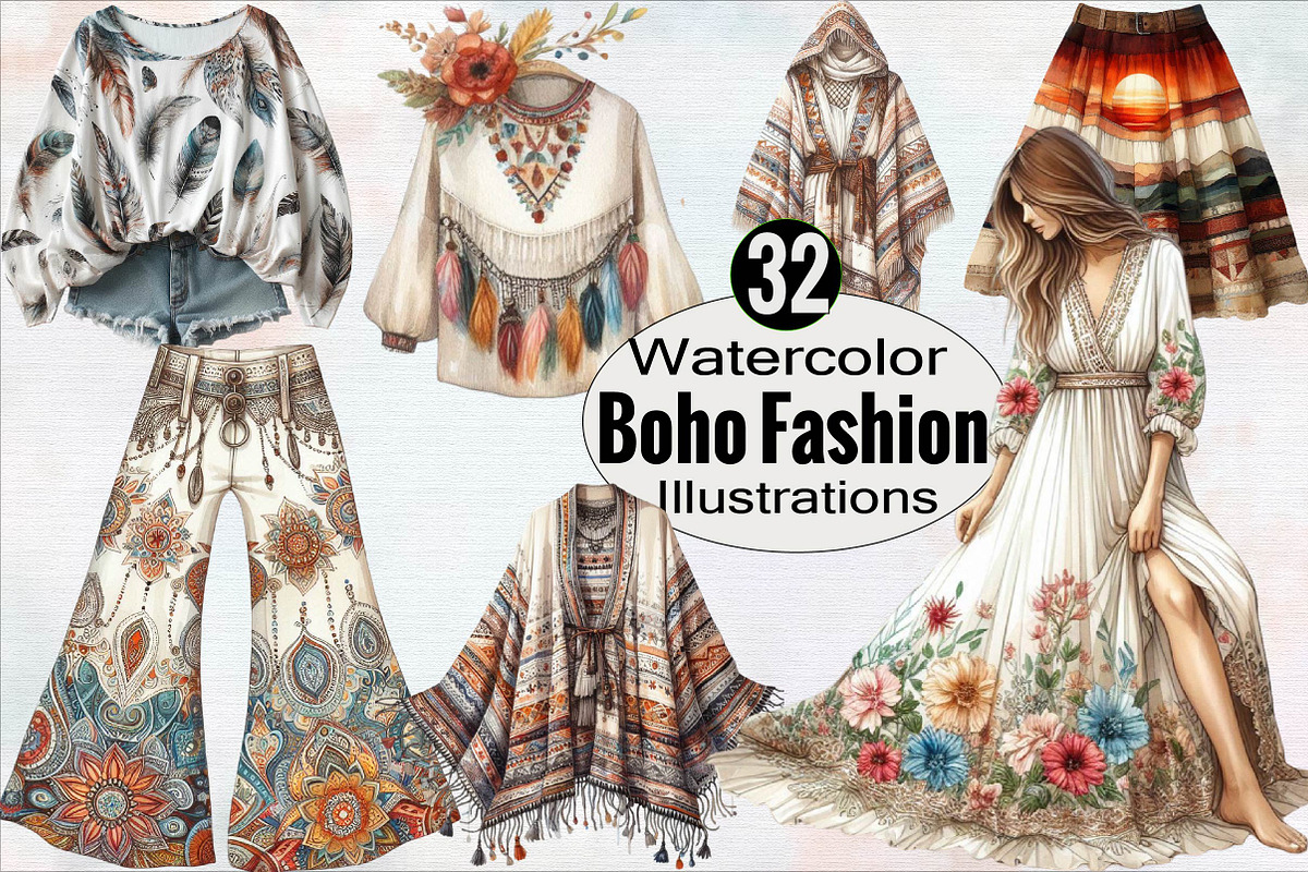 Watercolor Boho Fashion Clipart, an Illustration by SVGArt (Photo 1 of 8)