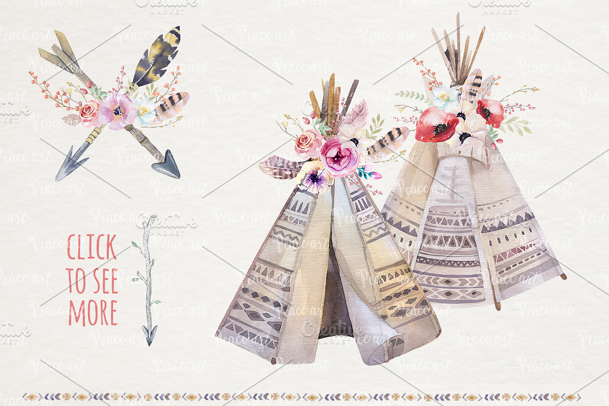 Watercolor boho teepee & bouquets, an Illustration by Peace ART (Photo 3 of 6)