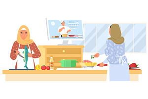In a cozy kitchen, a Muslim mother, a Food Illustration by SiberianArt