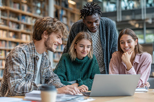 Diverse students collaborate on lapt, a Photo by Pixeness Studio