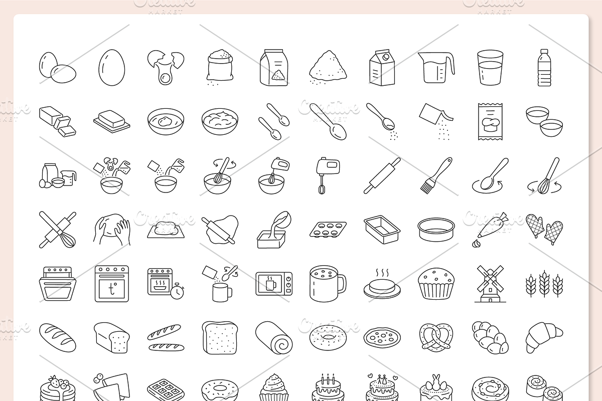 100 Bakery Icons, an Outline Icon by Nadiinko (Photo 2 of 3)