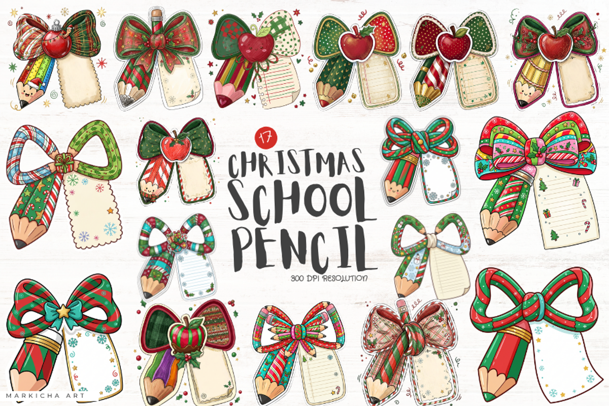 Christmas School Pencil Bows Clipart, a Seasonal Illustration by Markicha Art (Photo 1 of 5)