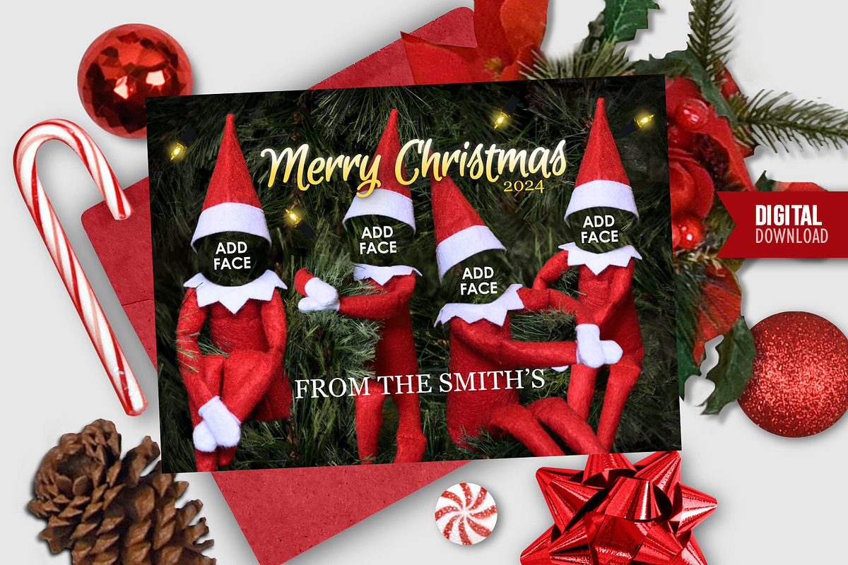 funny elf family christmas card psd, a card template