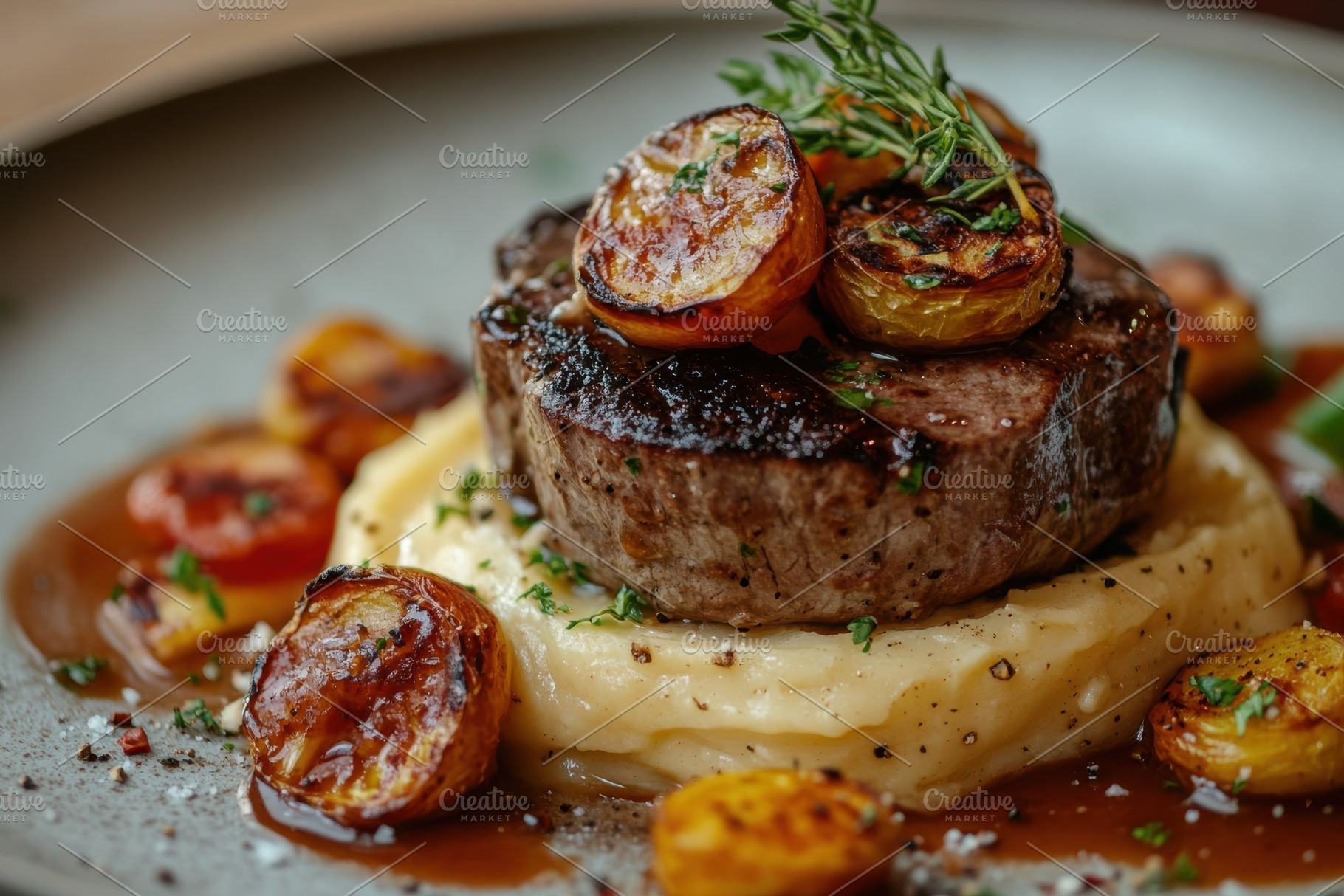 Delicious Seared Steak Mashed Potato, a Food & Drink Photo by Pixeness Studio