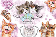Valentine's Day Watercolor Cats, an Animal Illustration by TanataDesign (Thumbnail 1 of 10)