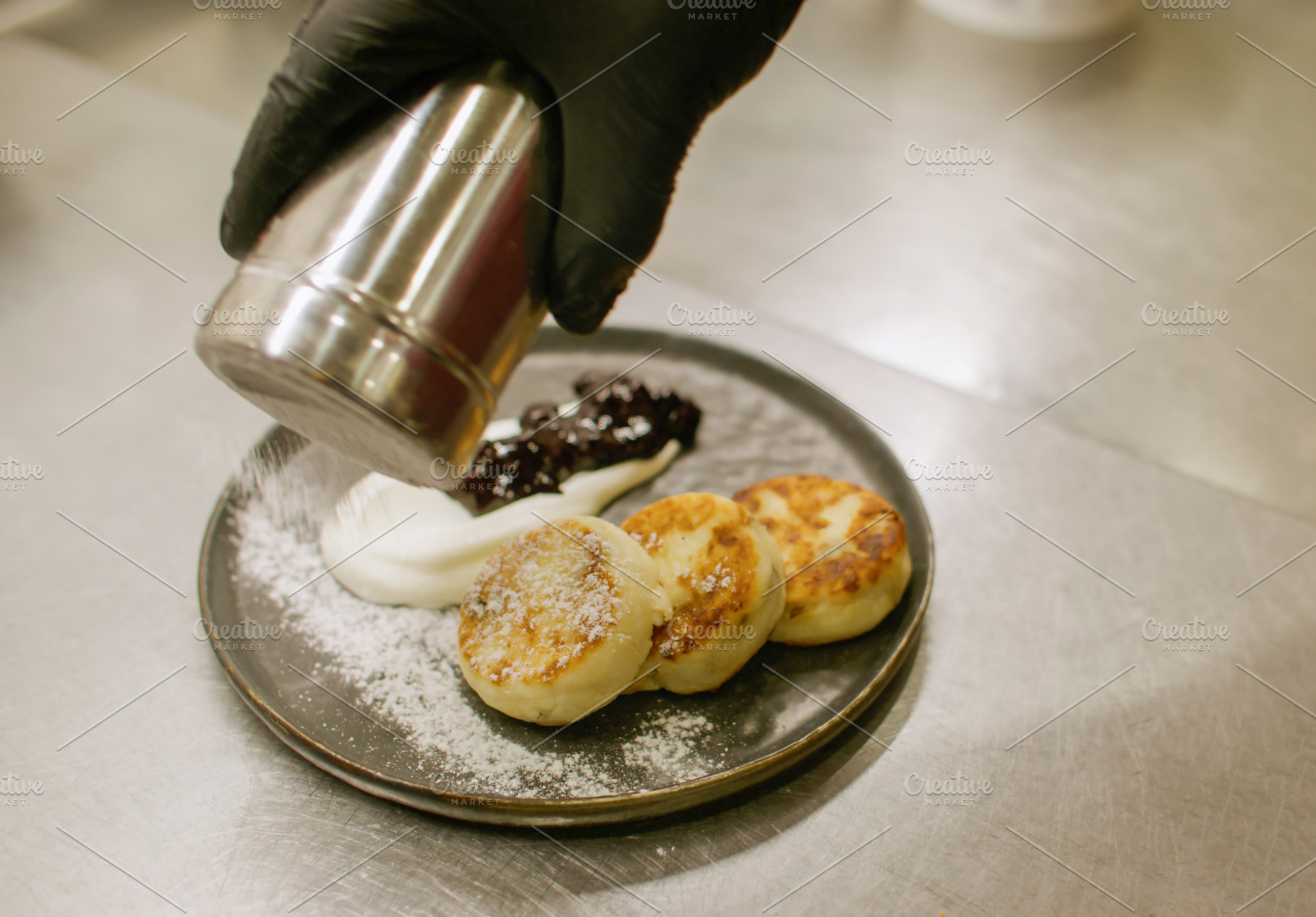 Cooking breakfast syrniki roasted chef sour cream, a Food & Drink Photo by Photo Drive Studio