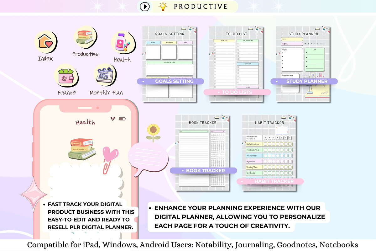 PLR Undated Digital Planner, a Stationery Template by Tas Creative Studio