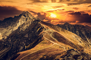 Mountain peaks at sunset.