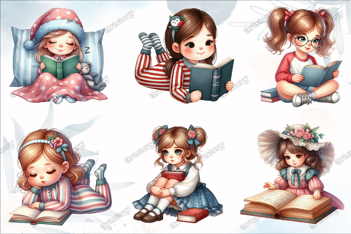 Cute Little Girl Reading Clipart, a Graphic by designcity5 (Photo 2 of 5)