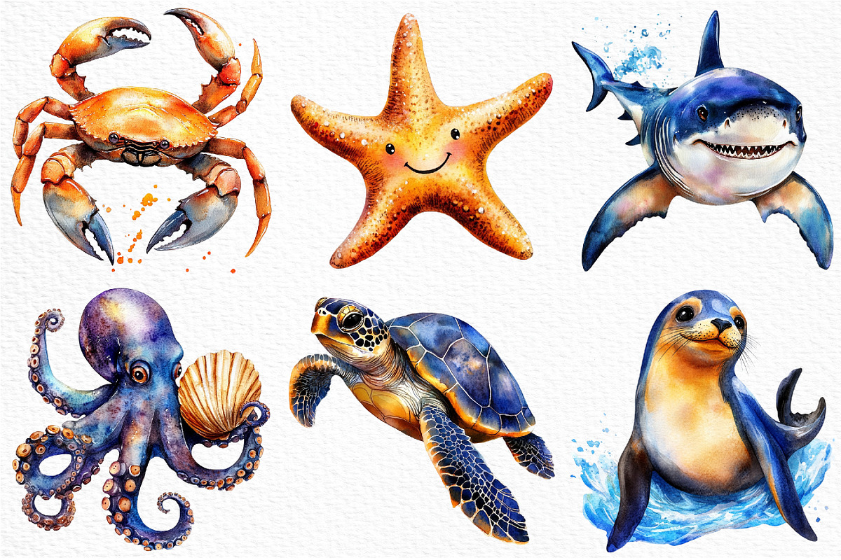 Watercolor Ocean Animals Clipart, an Illustration by Craft Nest (Photo 6 of 11)