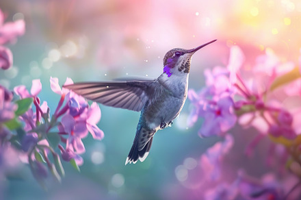 Hummingbird hanging in the air near the flower on blurred background, an Animal Photo by AlyaAnd