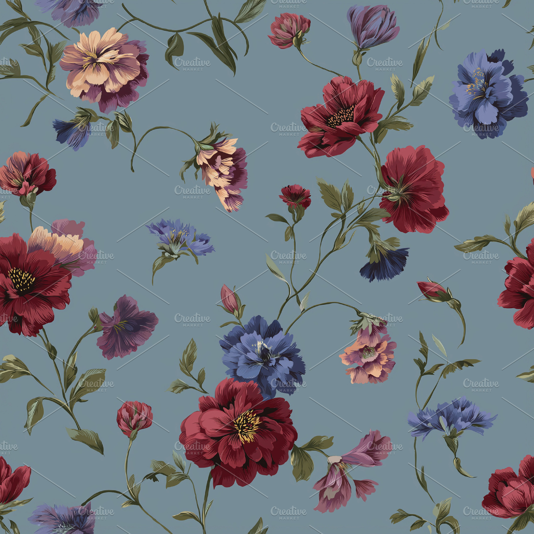 Seamless floral pattern featuring vintage style red, blue, and violet flowers w, a Photo by Studio ANNA