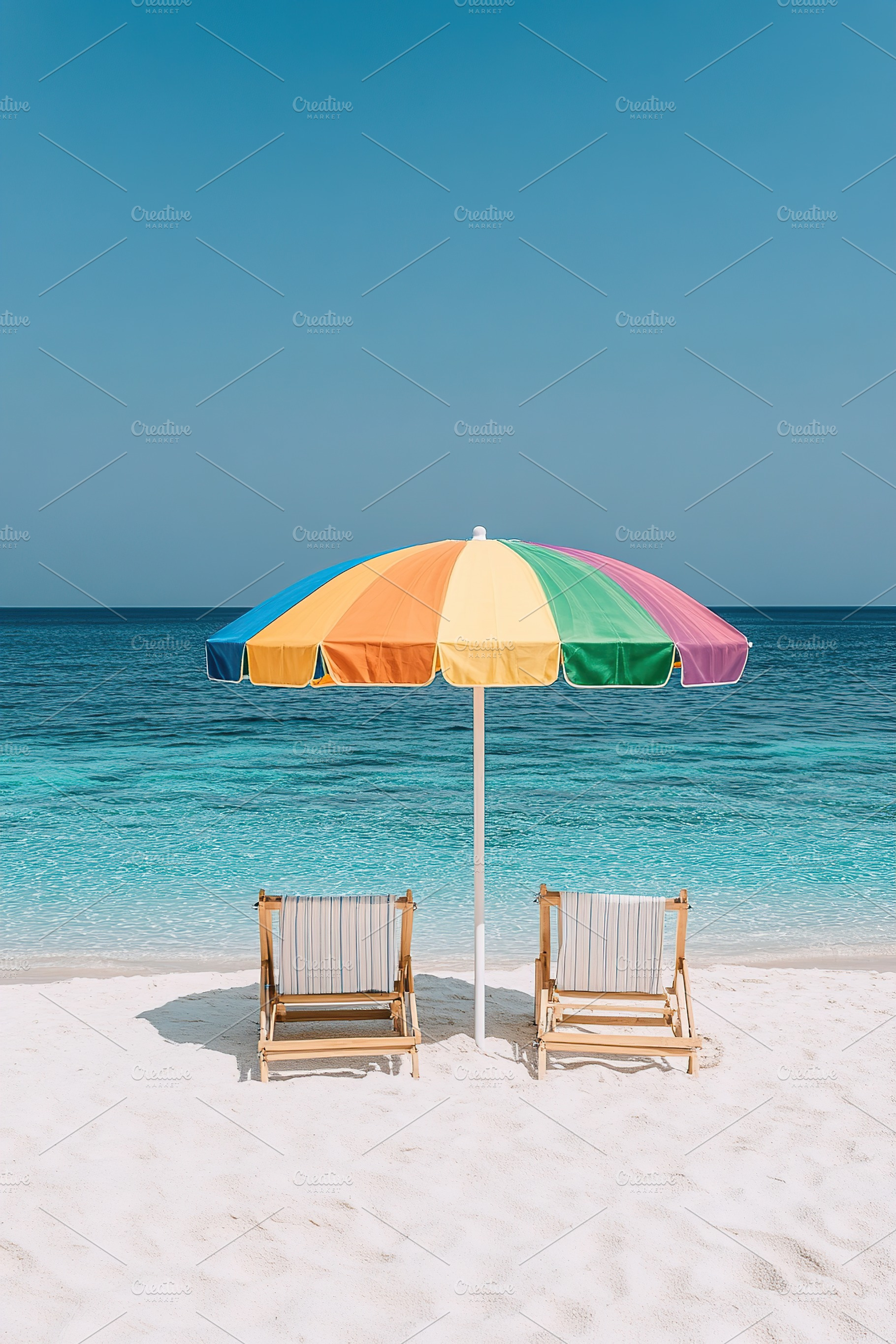 Bright beach umbrella and comfortable beach chairs on sandy shore by clear blue, a Photo by AlyaAnd