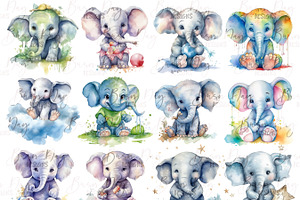 Watercolor Cute Elephant Clipart