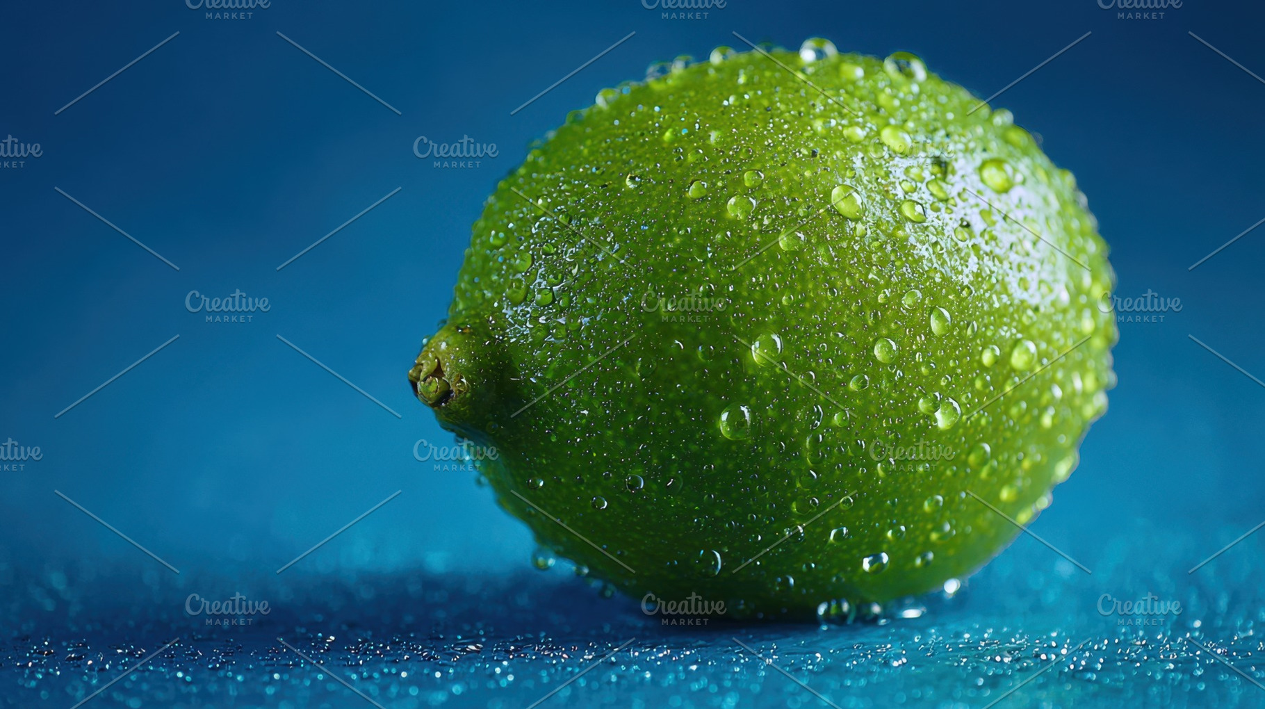 Lime with droplets on blue, a Photo by Beautiful things