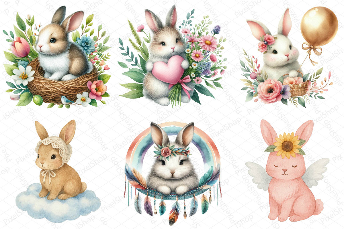 Watercolor Boho Pink Bunny Clipart, an Illustration by DreamPrint404 (Photo 2 of 5)