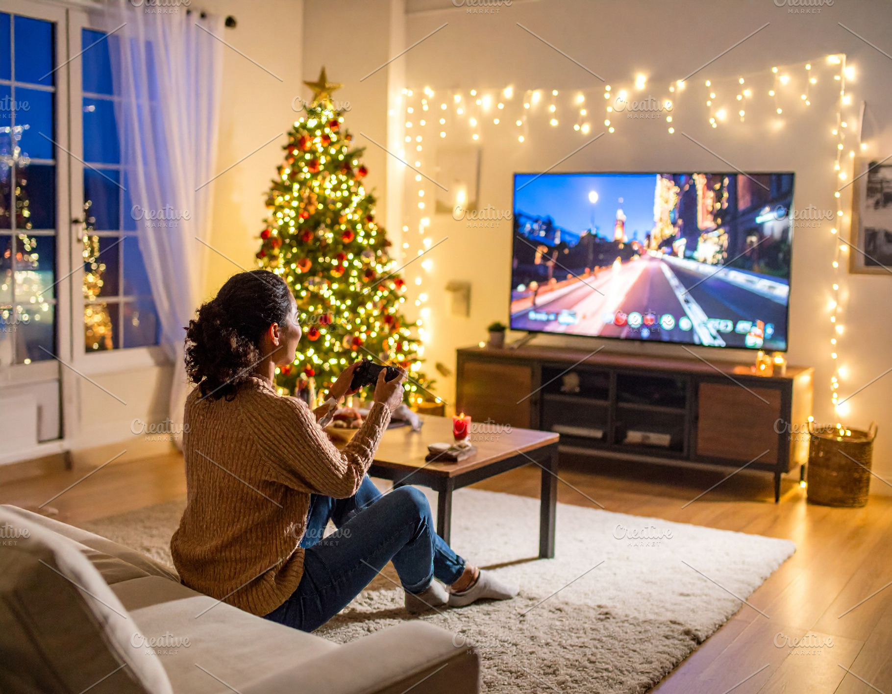 Woman relaxing in a cozy living room at christmas, a Person Photo by DanFLCreativo