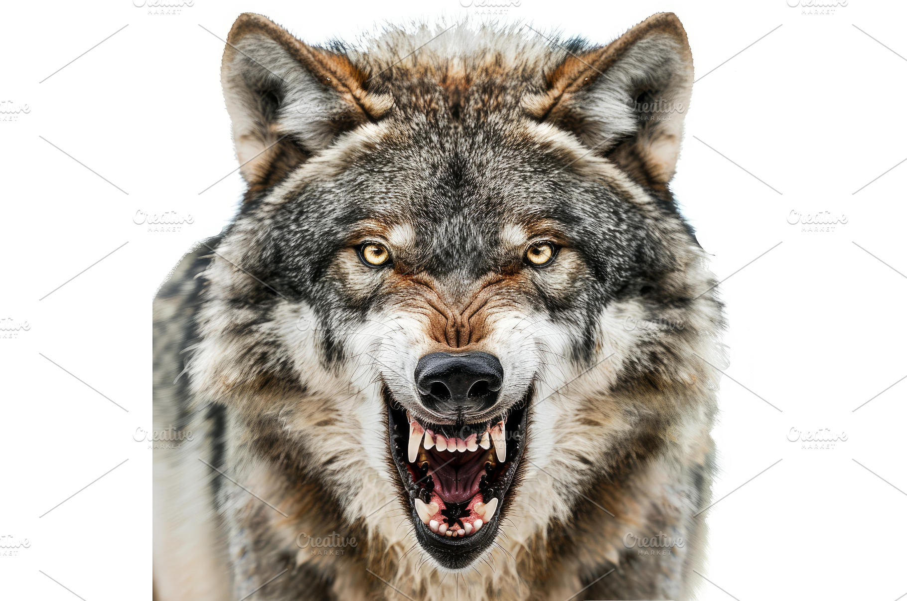 Angry grey wolf showing teeth on, an Animal Photo by Ylivdesign