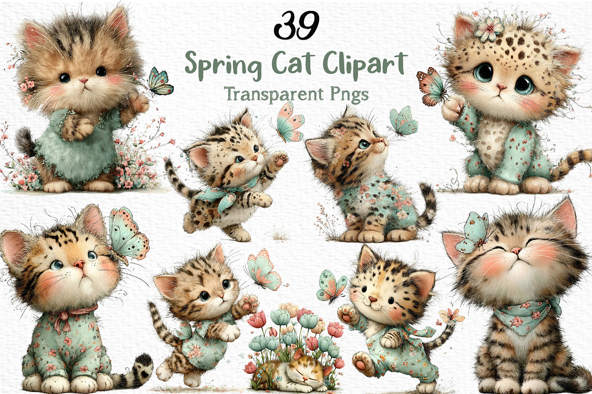 Whimsical Spring Cat Clipart Png, an Illustration by Craft Nest (Photo 1 of 12)