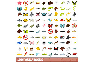 100 Fauna Icons Set, Flat Style