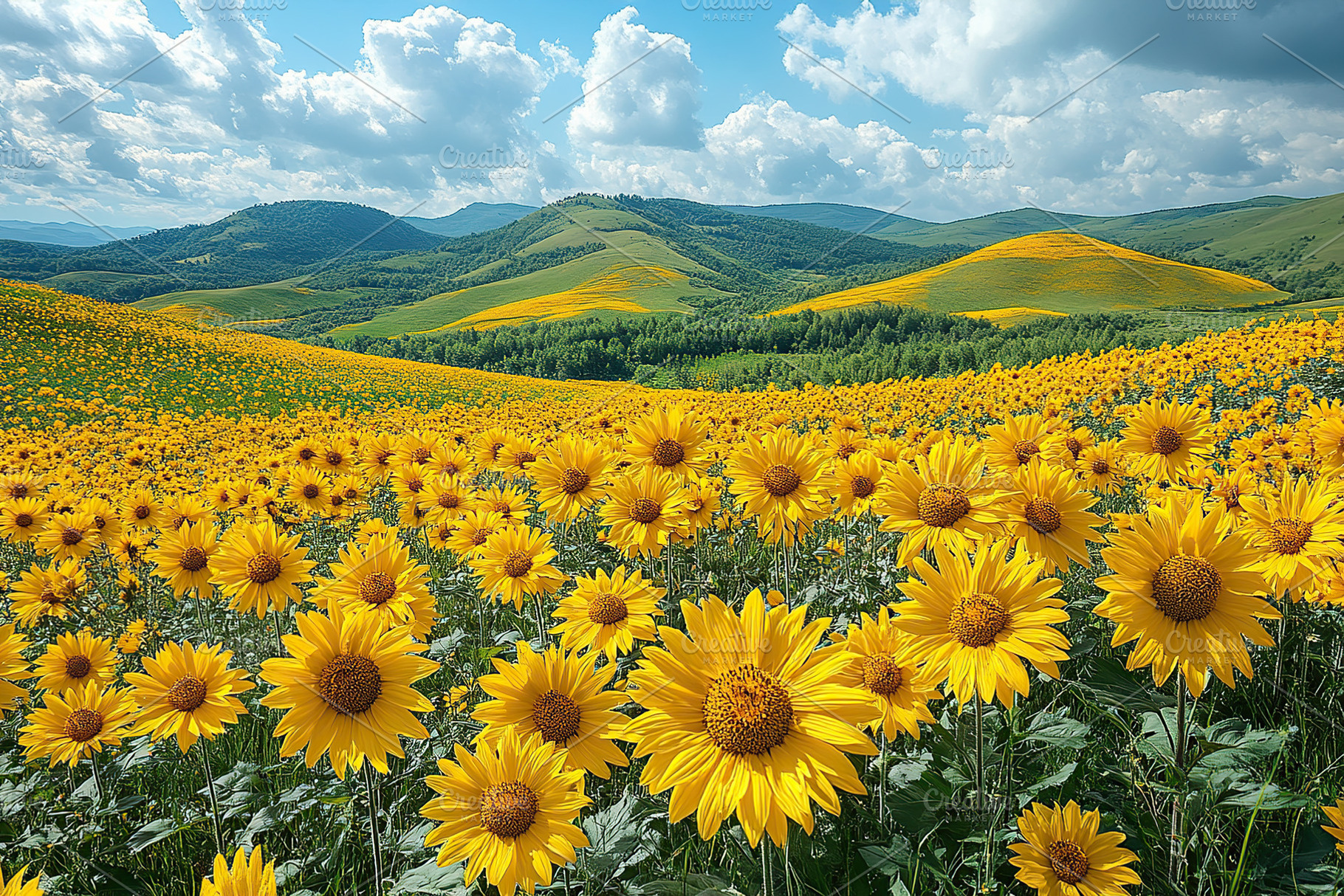 Vast sunflower field under a bright sky on a sunny day, a Nature Photo by AlyaAnd