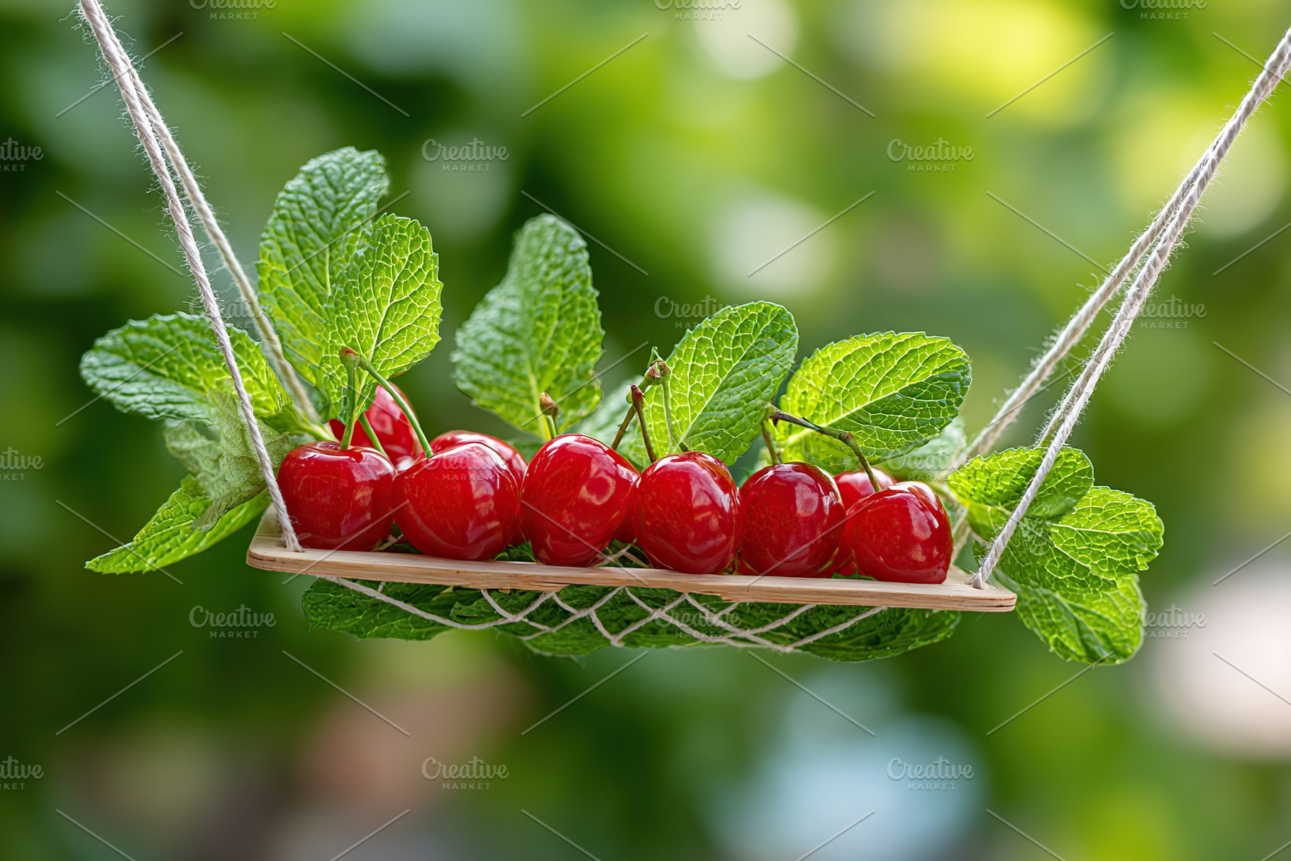 Swinging on a miniature hammock with cherries and mint leaves in a vibrant gard, a Photo by AlyaAnd
