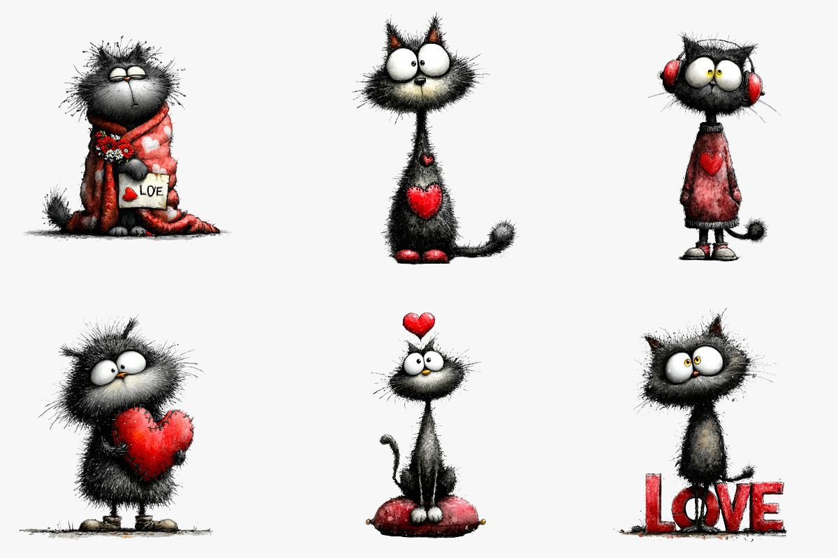 Valentines Whimsical Cat Clipart, an Illustration by CreationArt (Photo 3 of 6)