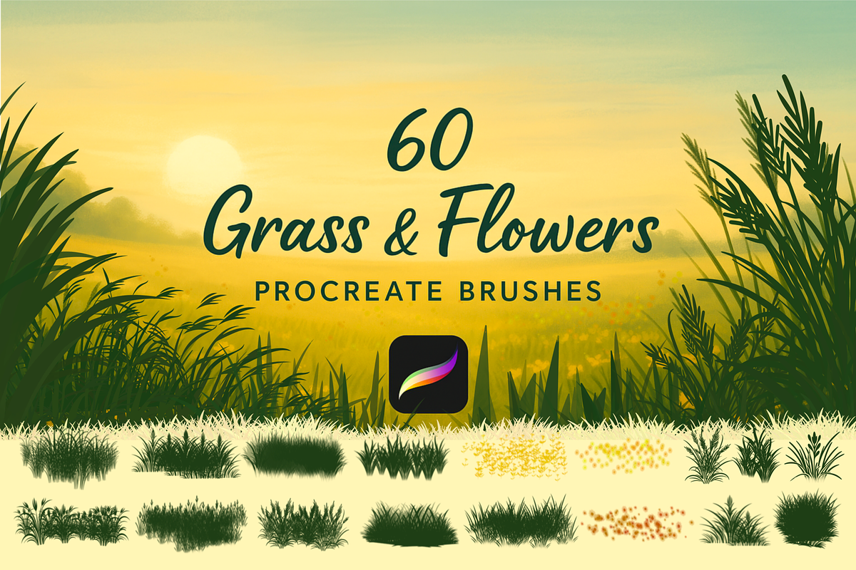 Procreate Grass and Flower Brushes, a Brushes & More by HopeArtIllustration (Photo 1 of 7)