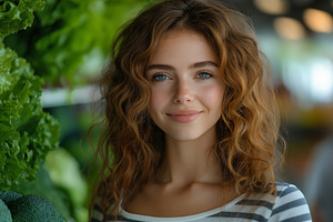 A young Caucasian woman with wavy hair smiles brightly in a vibrant market fill, a Person Photo by ImageMir