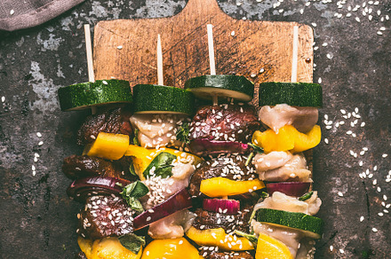 Skewers of chicken and beef meat, a Food & Drink Photo by VICUSCHKA