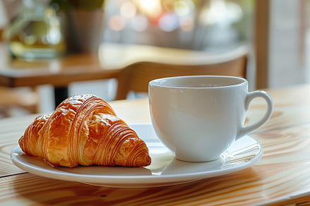 Cup of coffee and croissant on table in cafe with sunlights, a Food & Drink Photo by AlyaAnd