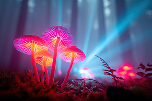 Glowing mushrooms in a mystical forest, an Abstract Photo by AlyaAnd