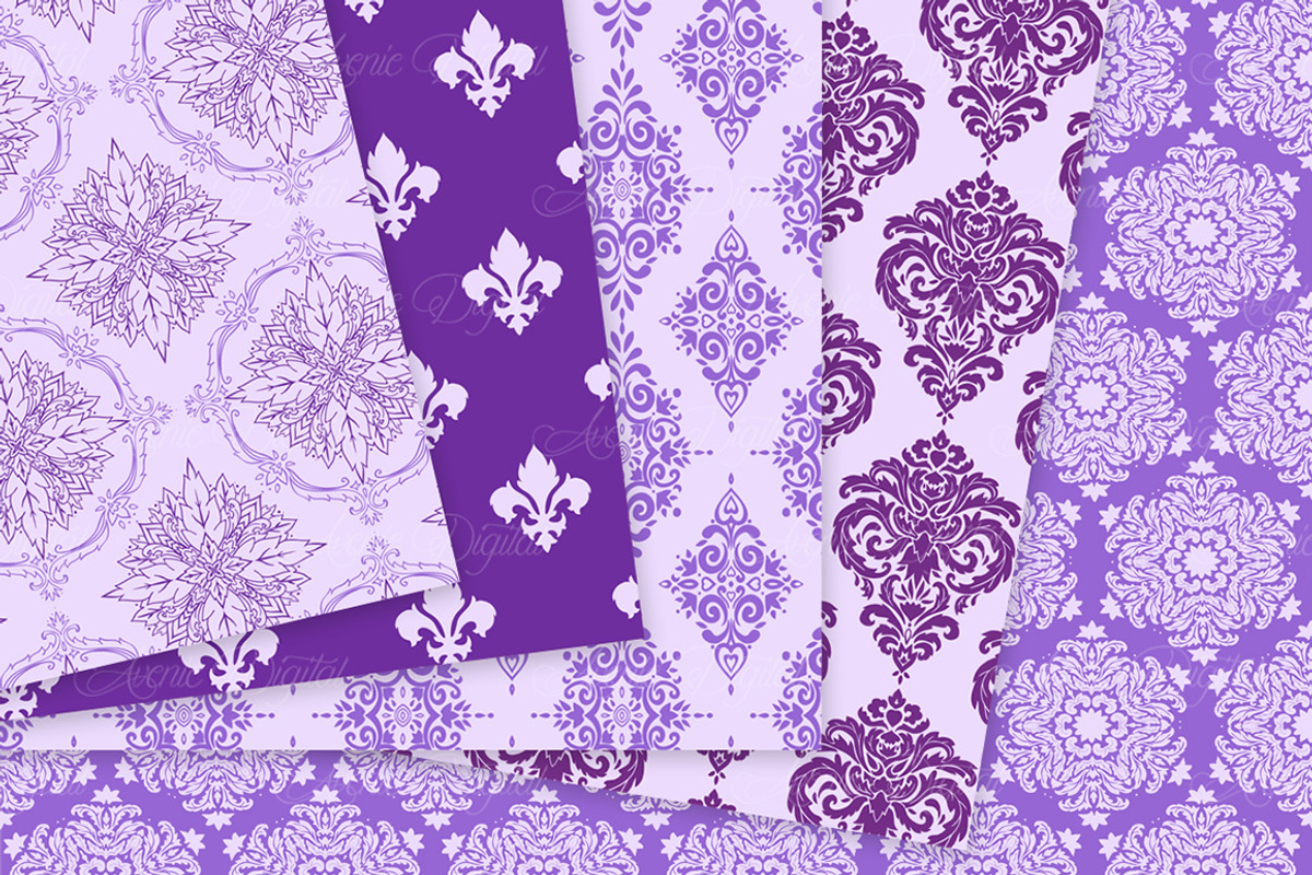 28 Purple Damask Digital Paper, a Pattern Graphic by Avenie Digital