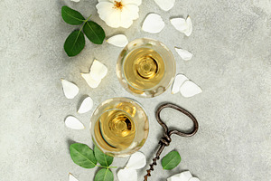 Wine Glasses with Roses, Corkscrew, and Petals Flat Lay, a Beauty & Fashion Photo by Natalia Klenova's Shop